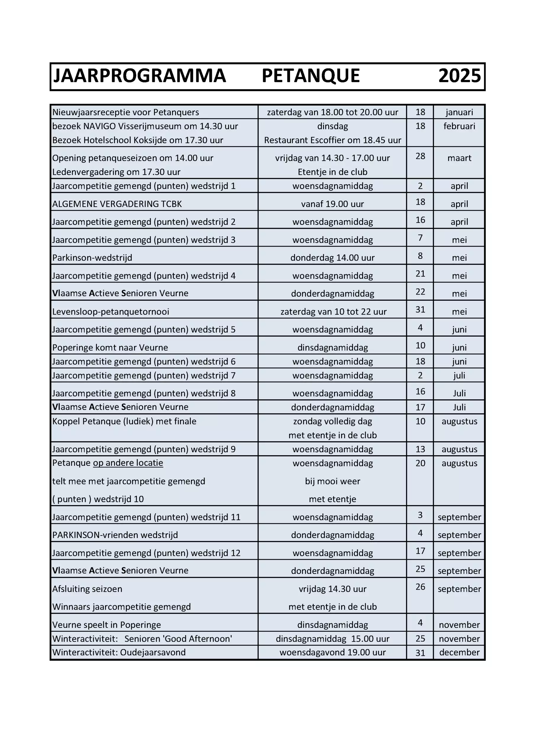 Petanque kalender 2025 - V2 -  - Activiteiten